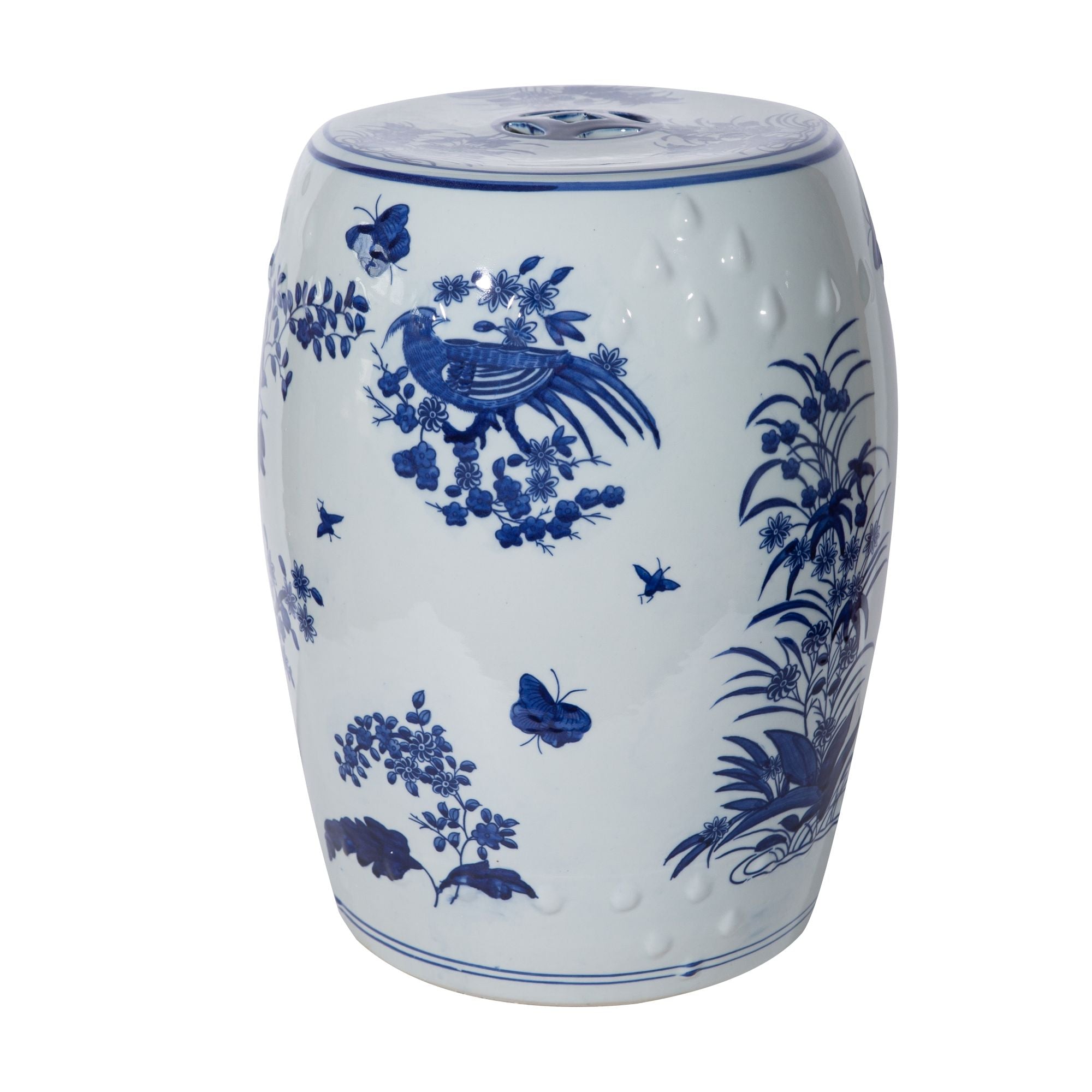 Legend of Asia Home Decor Legend of Asia Blue & White Floral Birds Motif Porcelain Garden Stool