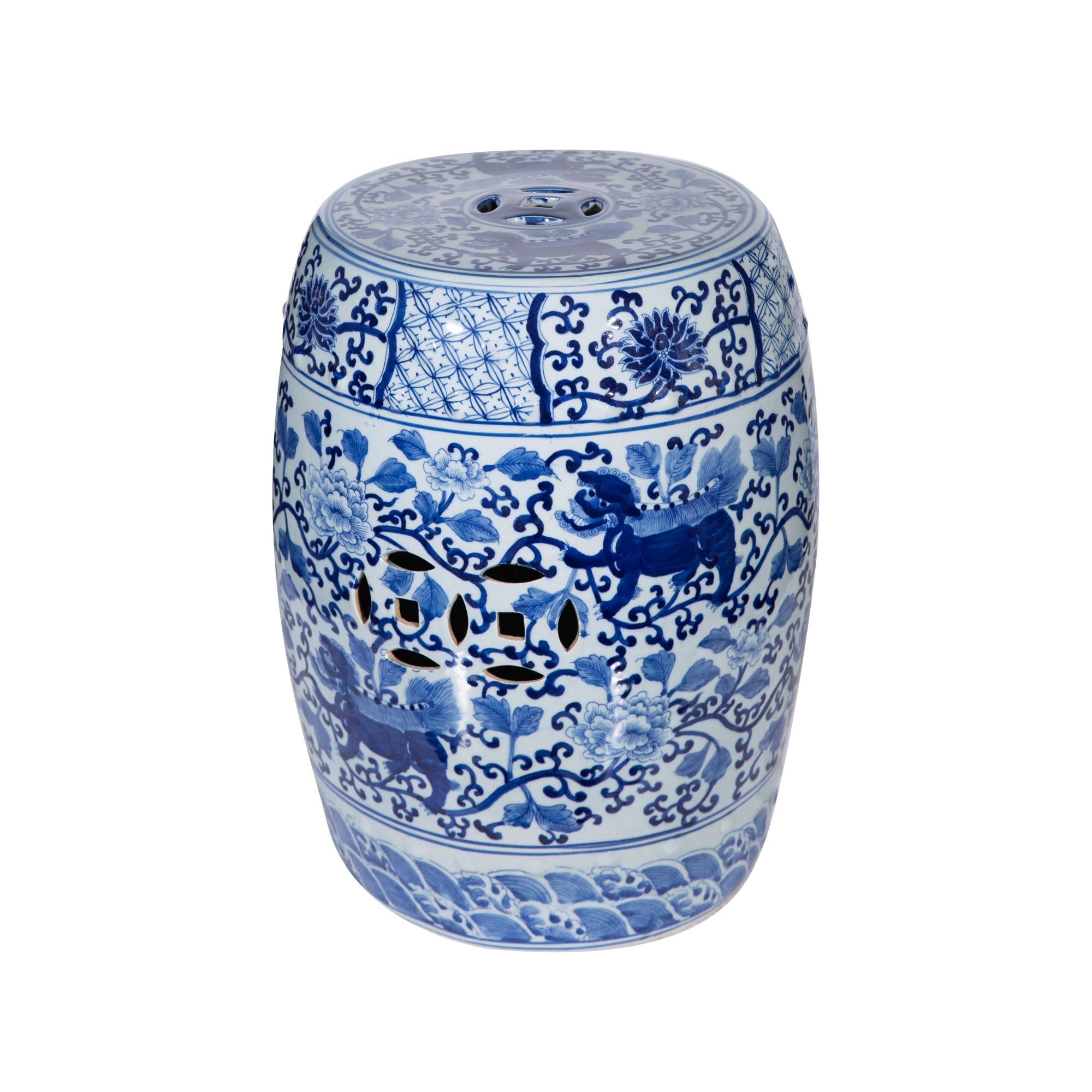 Legend of Asia Home Legend of Asia Blue & White Garden Stool Twisted Lotus Kirin Motif