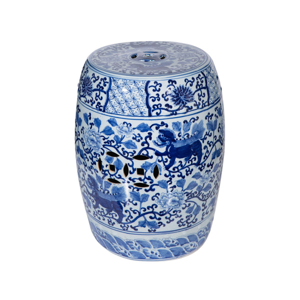 Legend of Asia Home Legend of Asia Blue & White Garden Stool Twisted Lotus Kirin Motif