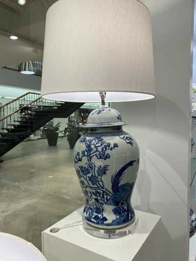 Legend of Asia Lighting Legend of Asia Blue & White Magnolia Pheasant Porcelain Temple Jar Lamp Acrylic Base