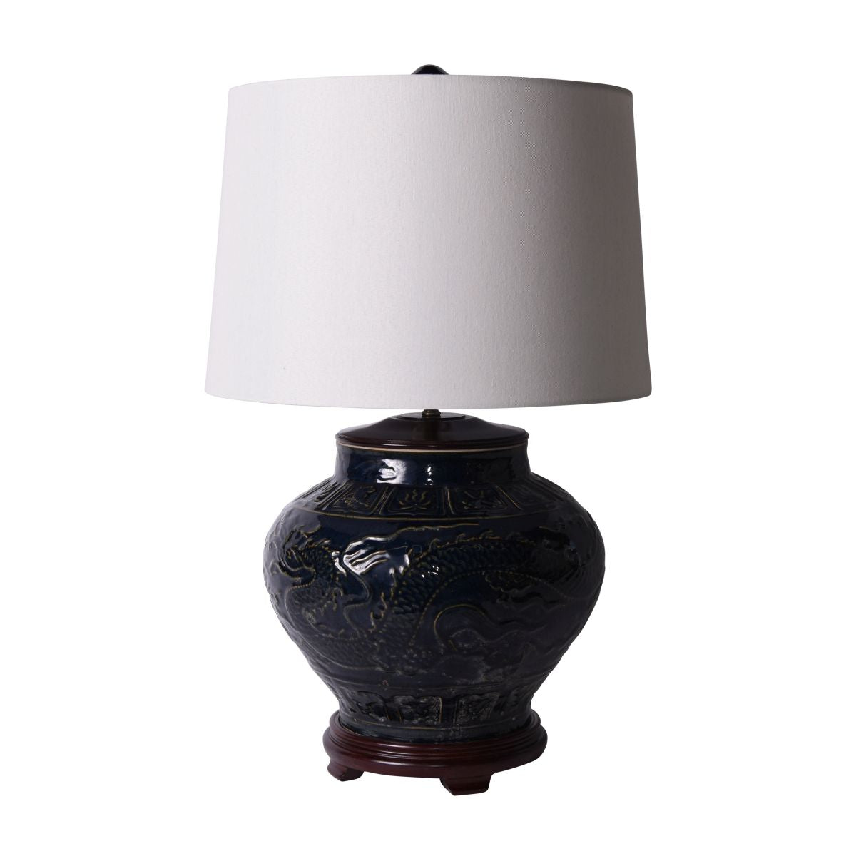 Legend of Asia Lighting Legend of Asia Carved Dragon Lotus Jar Speckled Indigo Lamp Wood Base