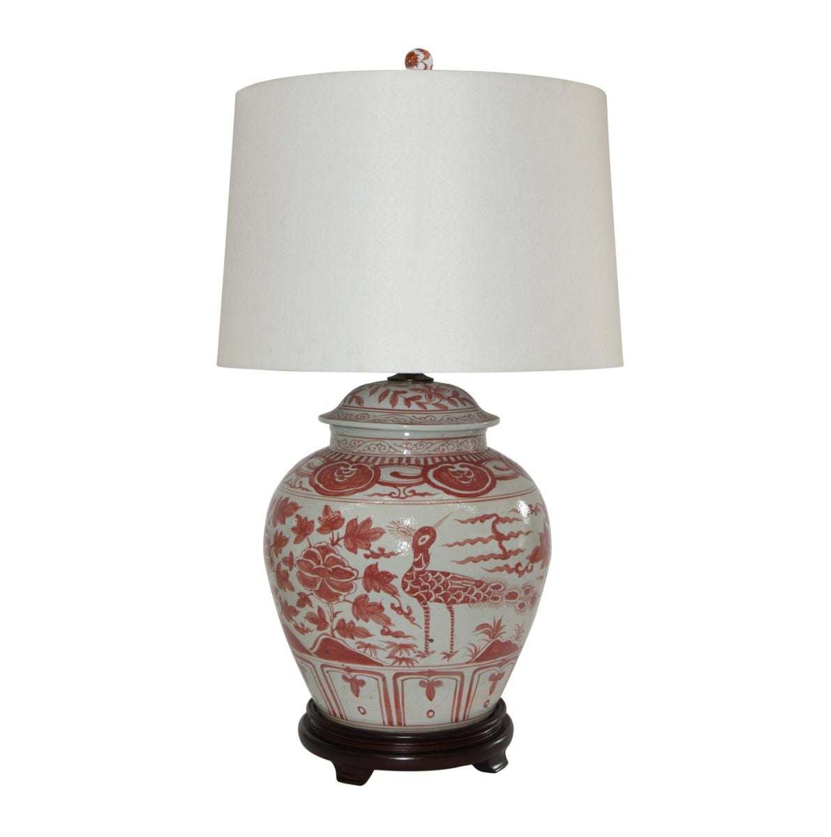 Legend of Asia Lighting Legend of Asia Coral Red Barn Jar Bird Motif Lamp Wood Base