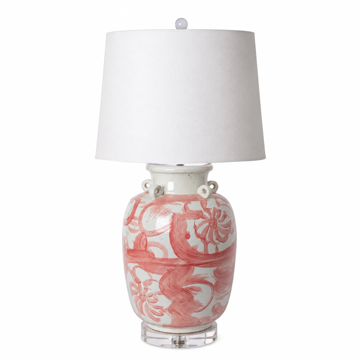 Legend of Asia Lighting Legend of Asia Coral Red Four Loop Handle Jar Twisted Flower Motif Table Lamp Acrylic Bsae
