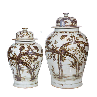 Legend of Asia Home Decor Legend of Asia Rustic Brown Magpie On Treetop Porcelain Temple Jar - Large