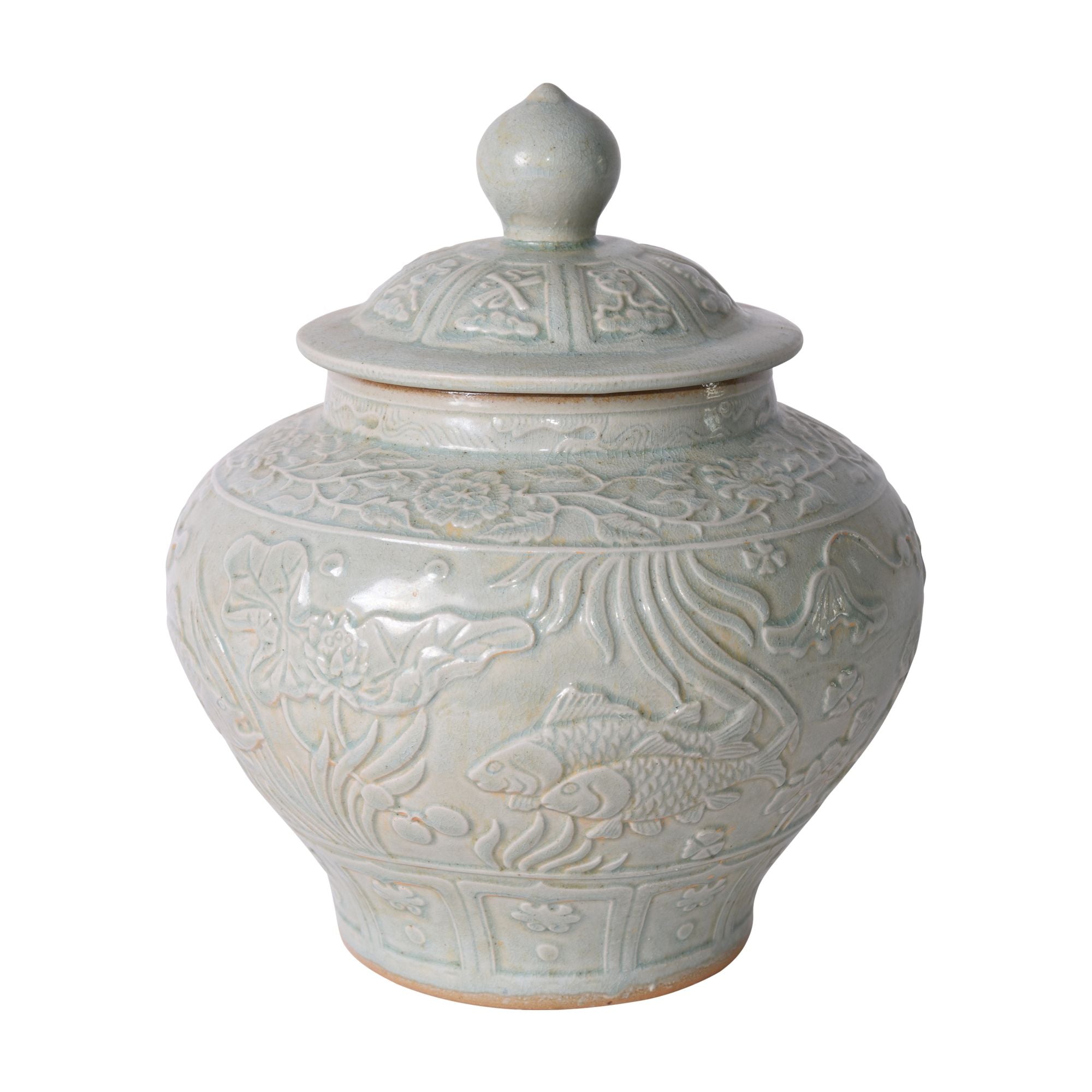 Legend of Asia Home Legend of Asia Sage Green Embossed Fish Porcelain Ginger Jar