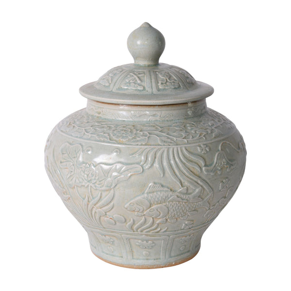 Legend of Asia Home Legend of Asia Sage Green Embossed Fish Porcelain Ginger Jar
