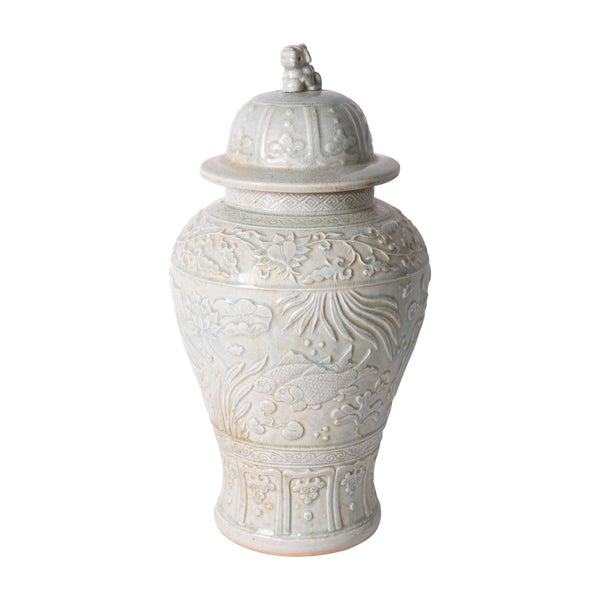 Legend of Asia Home Legend of Asia Sage Green Embossed Fish Temple Jar