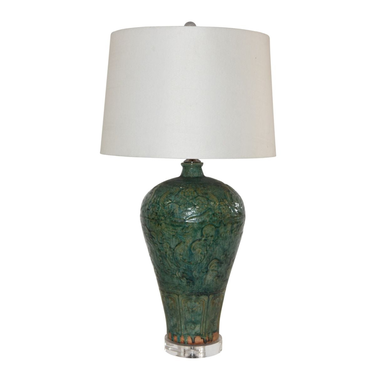 Legend of Asia Lighting Legend of Asia Speckled Green Carved Dragon Plum Vase Lamp