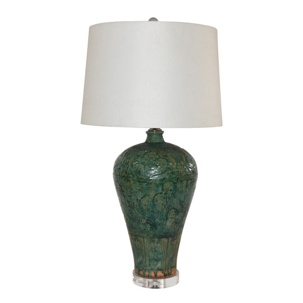 Legend of Asia Lighting Legend of Asia Speckled Green Carved Dragon Plum Vase Lamp