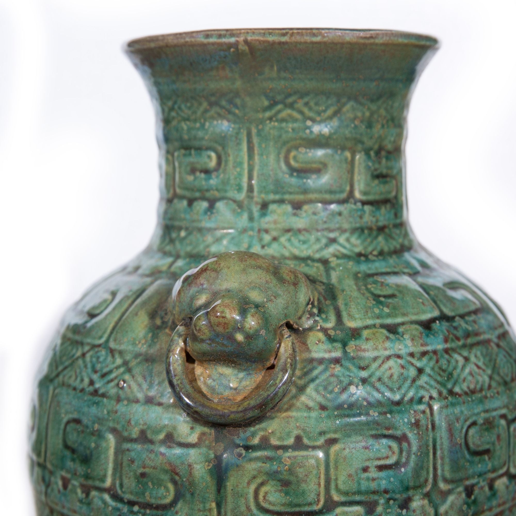 Legend of Asia Home Decor Legend of Asia Speckled Green Greek Key Carving Vase