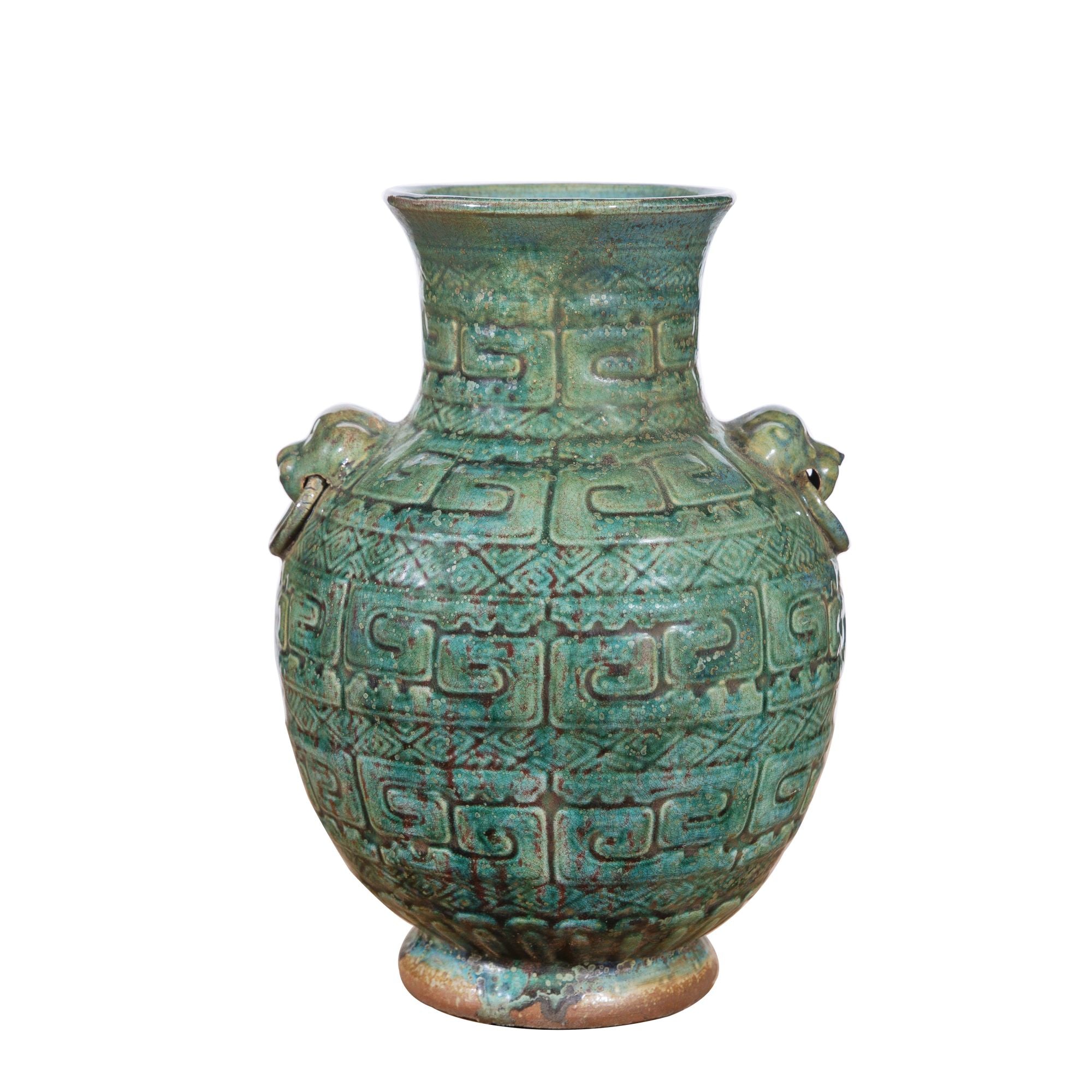 Legend of Asia Home Decor Legend of Asia Speckled Green Greek Key Carving Vase