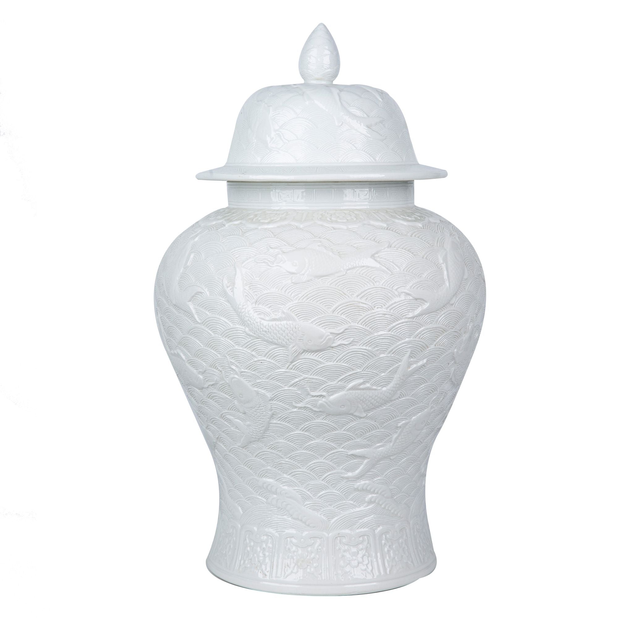 Legend of Asia Home Legend of Asia White Carved Sea Wave Fish Temple Jar