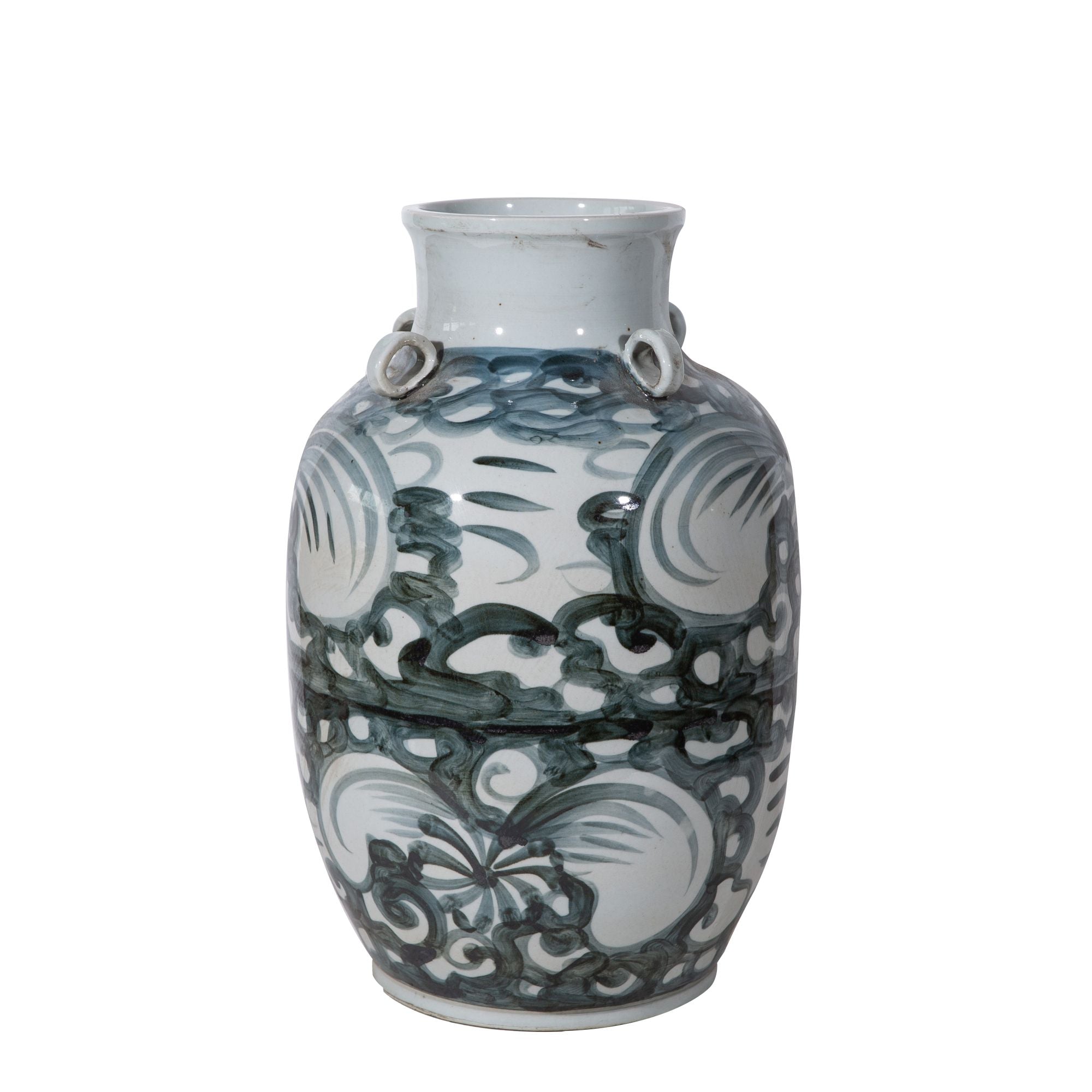Legend of Asia Home Decor Legend of Asia Yuan Blue And White Four Loop Handle Jar Twisted Flower Motif