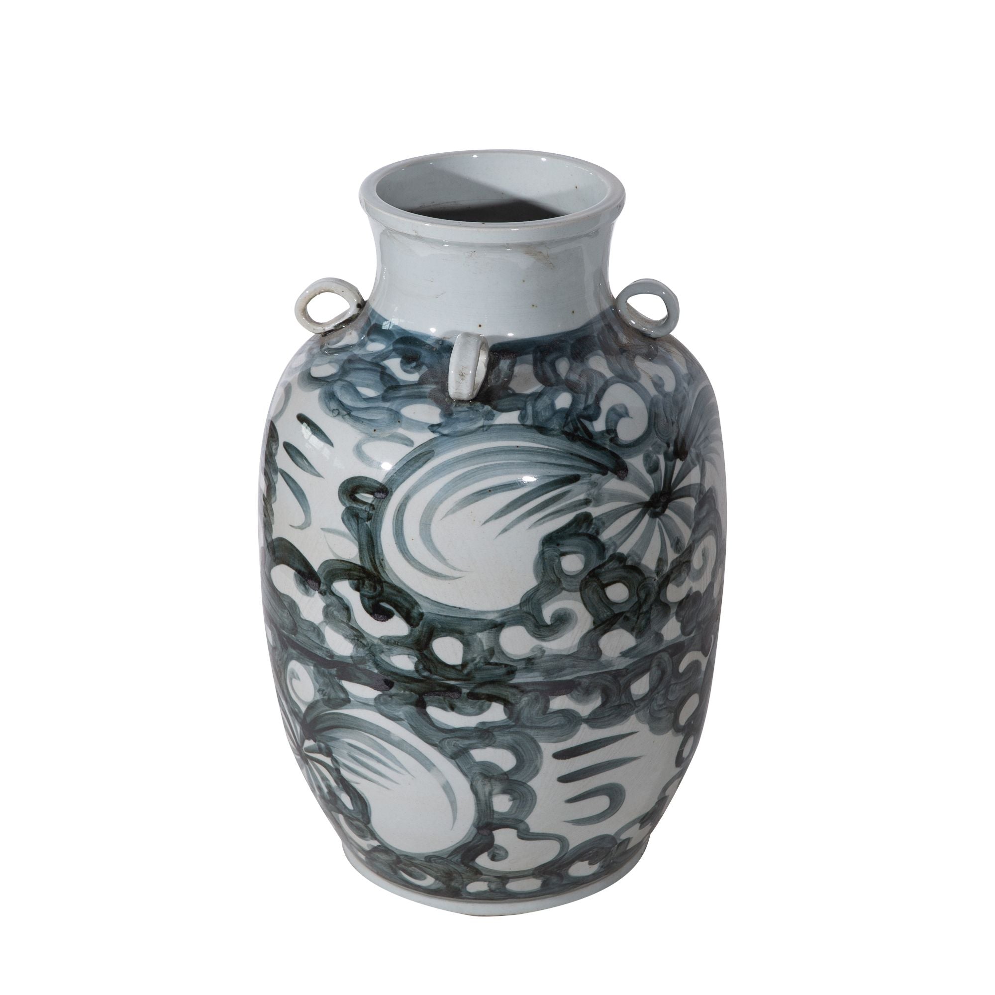 Legend of Asia Home Decor Legend of Asia Yuan Blue And White Four Loop Handle Jar Twisted Flower Motif