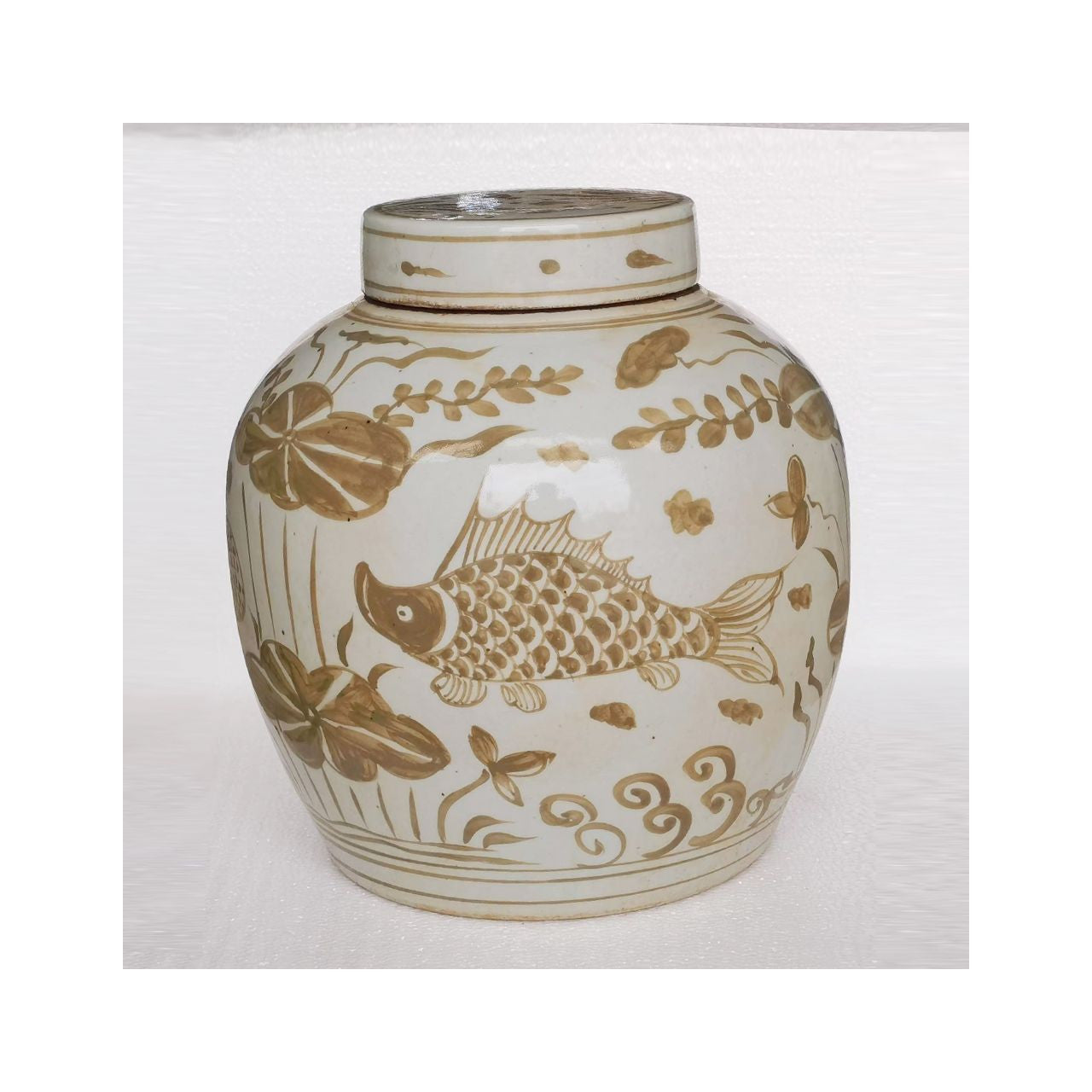 Legend of Asia Home Decor Moka & White Porcelain Jinger Jar Fish Motif