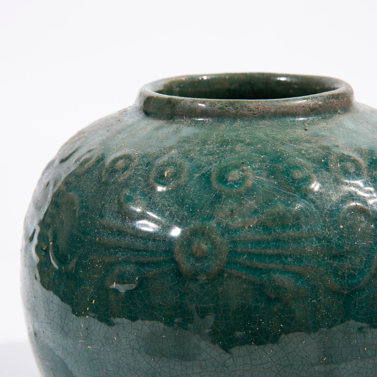Legend of Asia Home Decor Vintage Dark Green Carved Jar Round