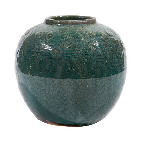 Legend of Asia Home Decor Vintage Dark Green Carved Jar Round