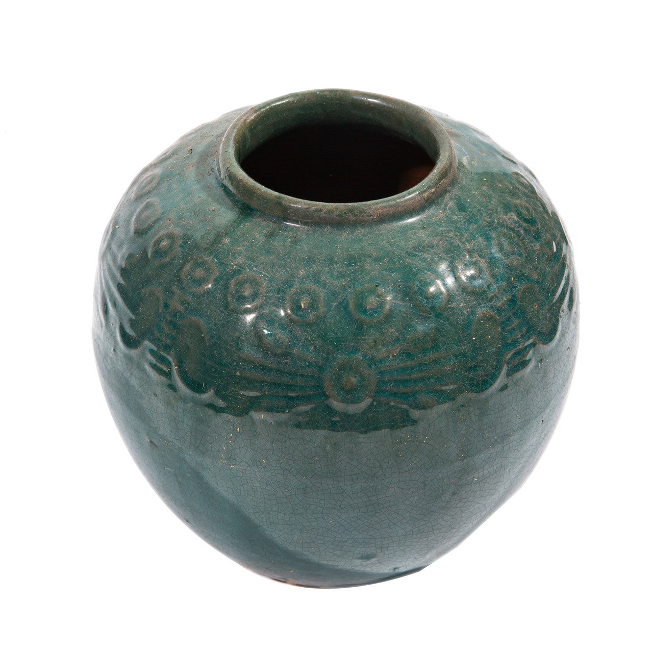 Legend of Asia Home Decor Vintage Dark Green Carved Jar Round