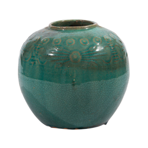 Legend of Asia Home Decor Vintage Light Green Carved Jar Round