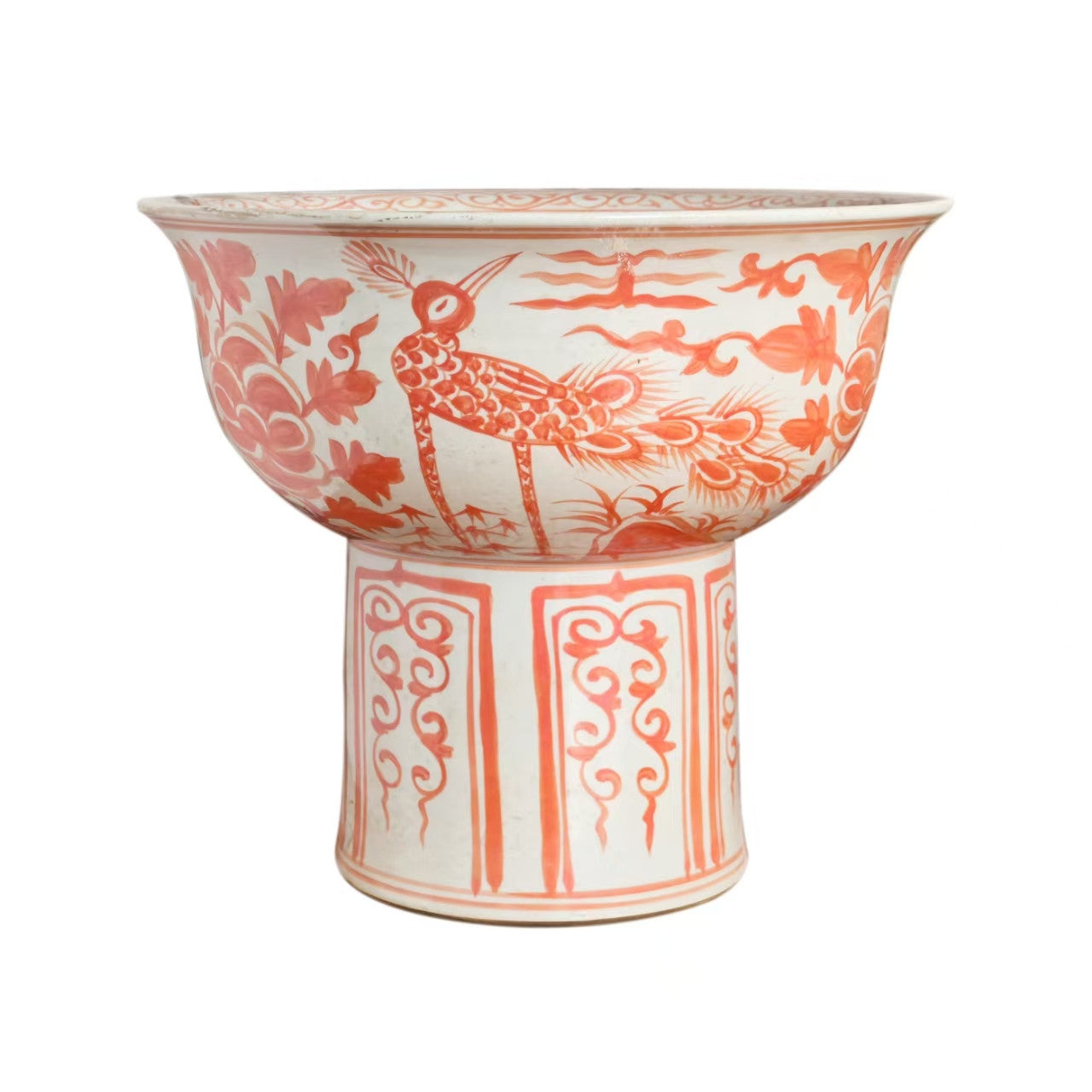Legend of Asia Home Decor Yuan Coral Red And White Crane.. Mortif Serving Bowl Tall Base