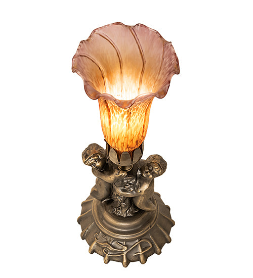 Meyda Lighting Lighting 13" High Amber/Purple Tiffany Pond Lily Twin Cherub Accent Lamp