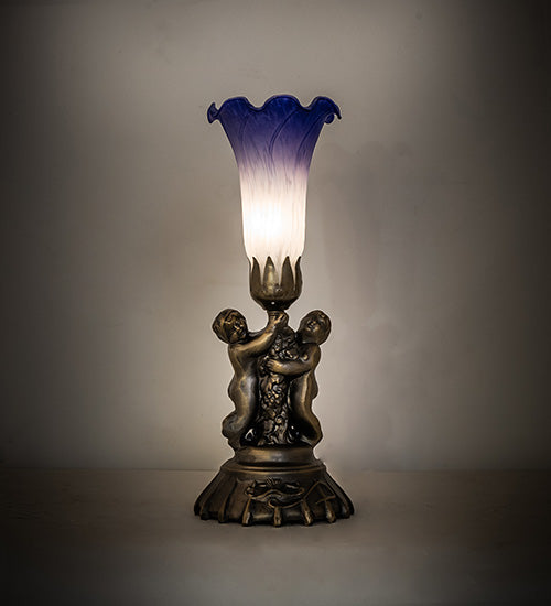 Meyda Lighting Lighting 13" High Blue/White Pond Lily Twin Cherub Mini Lamp
