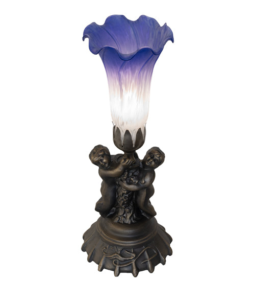 Meyda Lighting Lighting 13" High Blue/White Tiffany Pond Lily Twin Cherub Accent Lamp