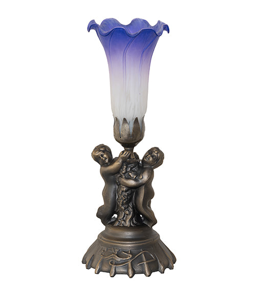 Meyda Lighting Lighting 13" High Blue/White Tiffany Pond Lily Twin Cherub Accent Lamp