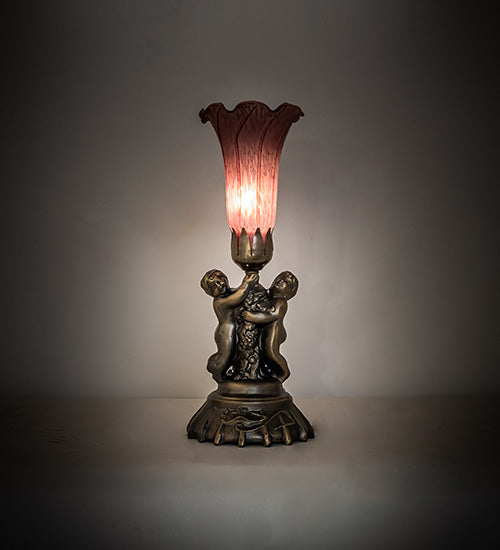 Meyda Lighting Lighting 13" High Lavender Pond Lily Twin Cherub Mini Lamp
