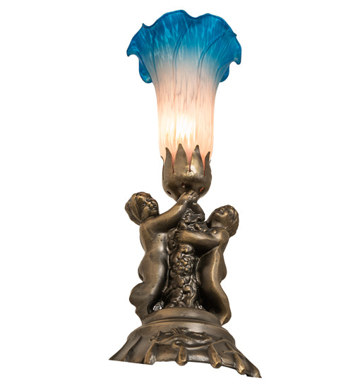 Meyda Lighting Lighting 13" High Pink/Blue Tiffany Pond Lily Twin Cherub Accent Lamp