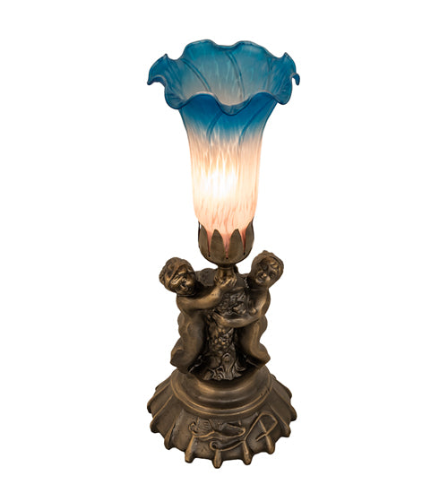 Meyda Lighting Lighting 13" High Pink/Blue Tiffany Pond Lily Twin Cherub Accent Lamp
