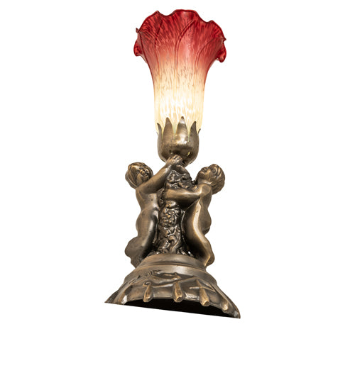 Meyda Lighting Lighting 13" High Seafoam/Cranberry Tiffany Pond Lily Twin Cherub Accent Lamp