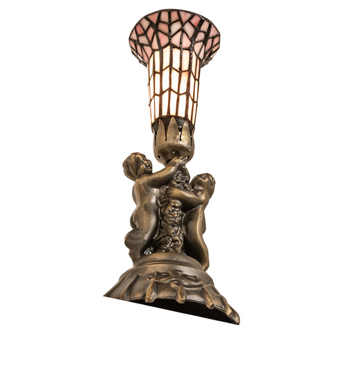Meyda Lighting Lighting 13" High Stained Glass Pond Lily Twin Cherub Accent Lamp