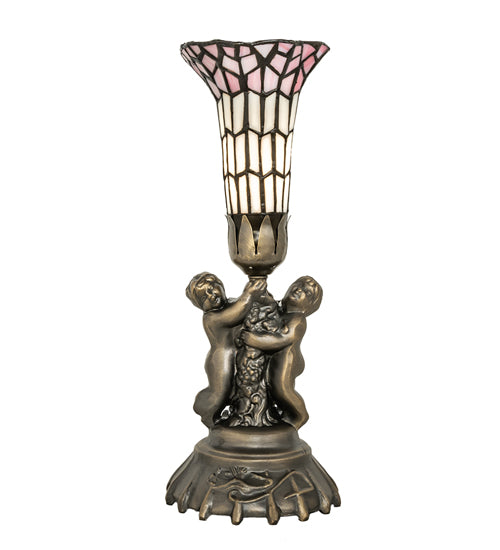 Meyda Lighting Lighting 13" High Stained Glass Pond Lily Twin Cherub Accent Lamp