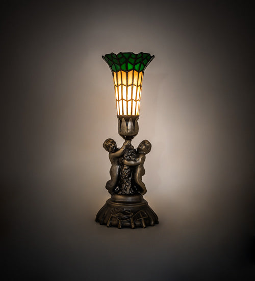 Meyda Lighting Lighting 13" High Stained Glass Pond Lily Twin Cherub Accent Lamp