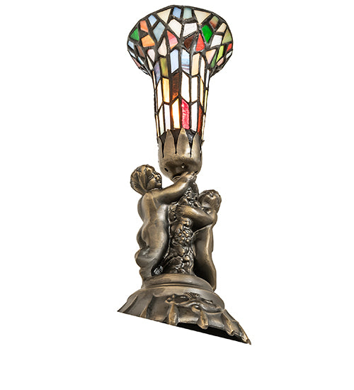 Meyda Lighting Lighting 13" High Stained Glass Pond Lily Twin Cherub Mini Lamp
