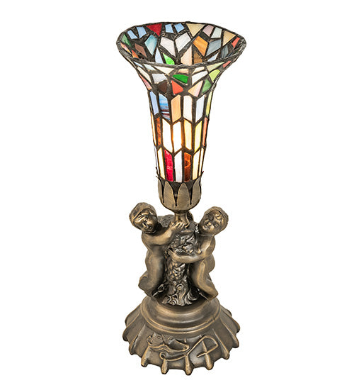 Meyda Lighting Lighting 13" High Stained Glass Pond Lily Twin Cherub Mini Lamp