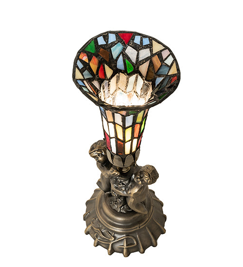 Meyda Lighting Lighting 13" High Stained Glass Pond Lily Twin Cherub Mini Lamp