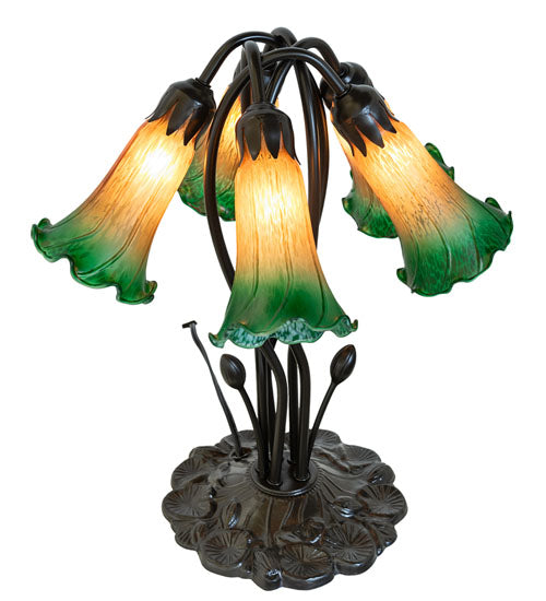 Meyda Lighting Lighting 16" High Amber/Green Tiffany Pond Lily 5 Light Table Lamp