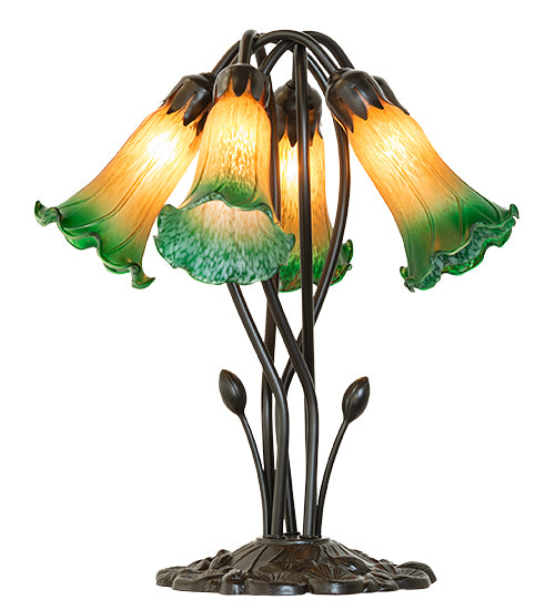 Meyda Lighting Lighting 16" High Amber/Green Tiffany Pond Lily 5 Light Table Lamp