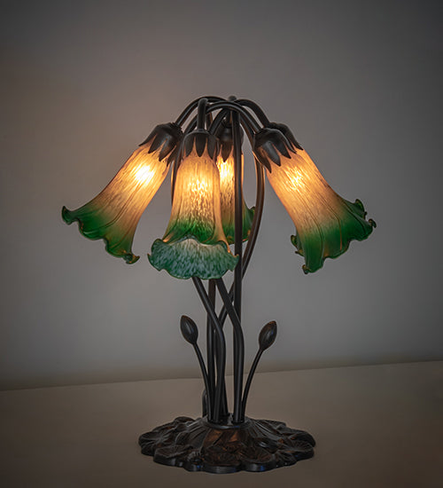 Meyda Lighting Lighting 16" High Amber/Green Tiffany Pond Lily 5 Light Table Lamp