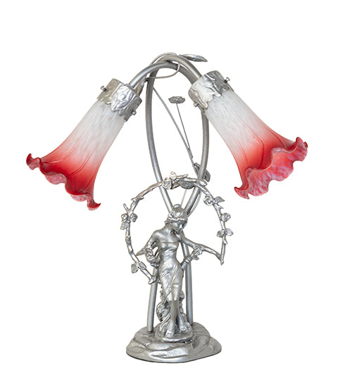 Meyda Lighting Lighting 16" High Pink/White Tiffany Pond Lily 2 Light Trellis Girl Accent Lamp