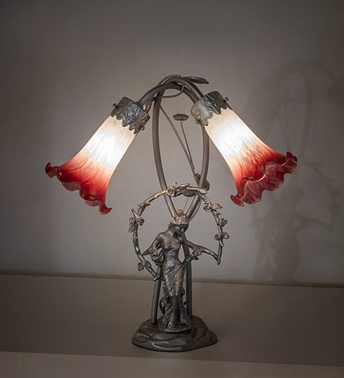 Meyda Lighting Lighting 16" High Pink/White Tiffany Pond Lily 2 Light Trellis Girl Accent Lamp