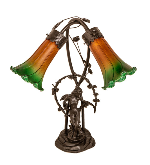 Meyda Lighting Lighting 17" High Amber/Green Tiffany Pond Lily 2 Light Trellis Girl Accent Lamp