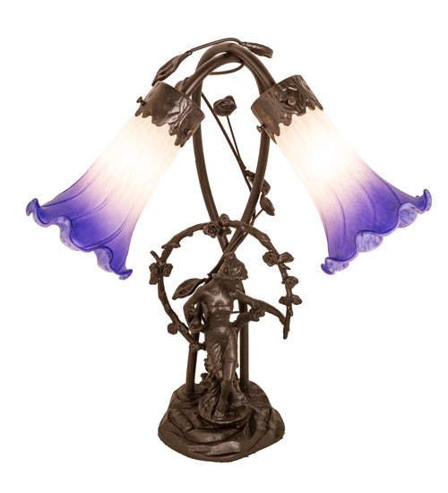 Meyda Lighting Lighting 17" High Blue/White Pond Lily 2 Light Trellis Girl Table Lamp