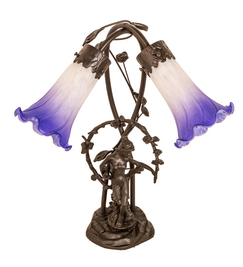 Meyda Lighting Lighting 17" High Blue/White Pond Lily 2 Light Trellis Girl Table Lamp