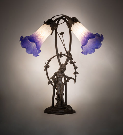 Meyda Lighting Lighting 17" High Blue/White Pond Lily 2 Light Trellis Girl Table Lamp