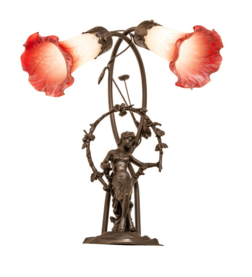 Meyda Lighting Lighting 17" High Pink/White Tiffany Pond Lily 2 Light Trellis Girl Accent Lamp