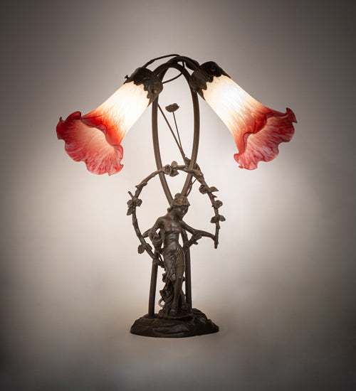 Meyda Lighting Lighting 17" High Pink/White Tiffany Pond Lily 2 Light Trellis Girl Accent Lamp