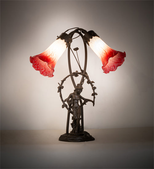 Meyda Lighting Lighting 17" High Red/White Tiffany Pond Lily 2 Light Trellis Girl Accent Lamp